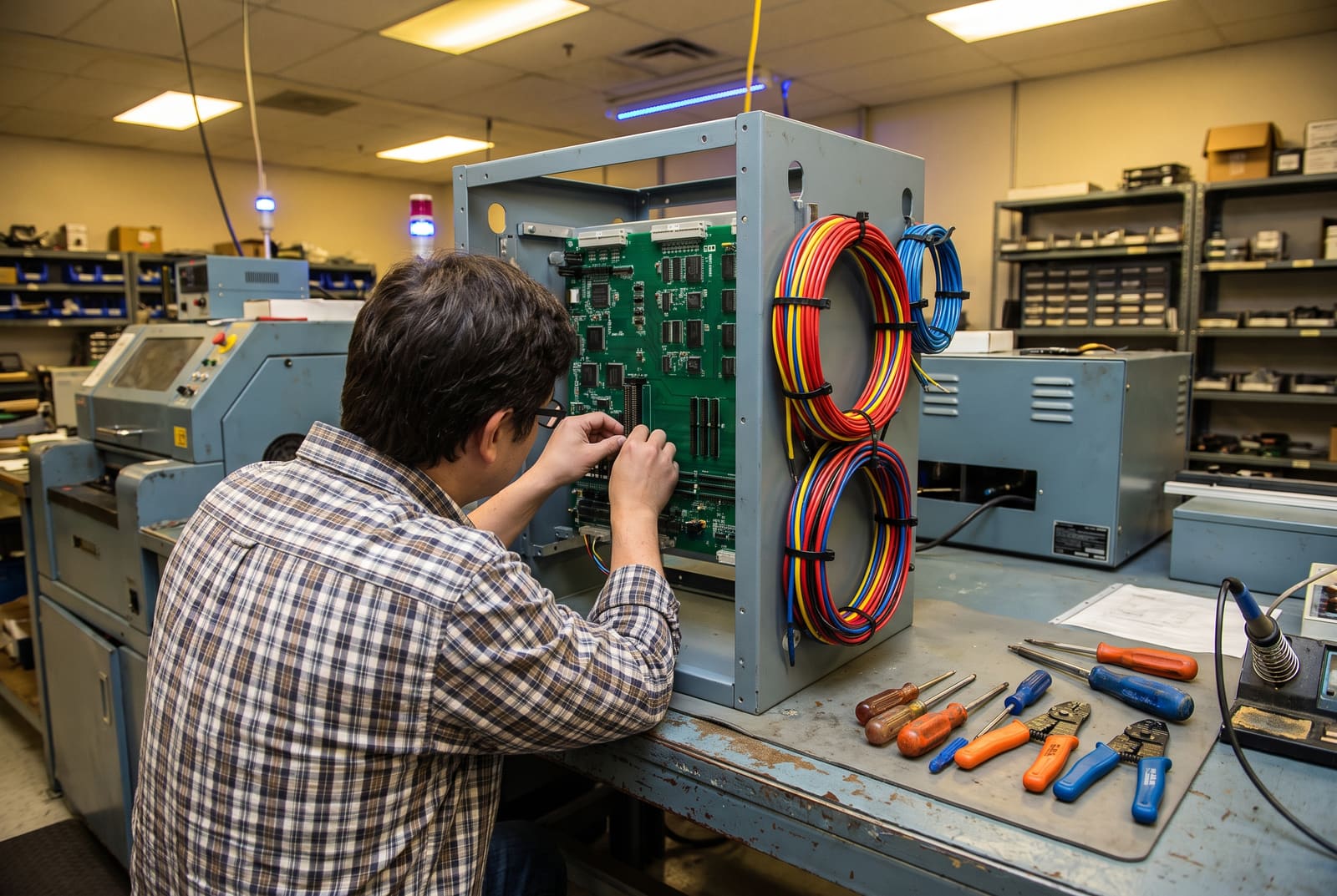 Technician integrating a circuit board assembly into a rack-style enclosure at a GC Controls bench