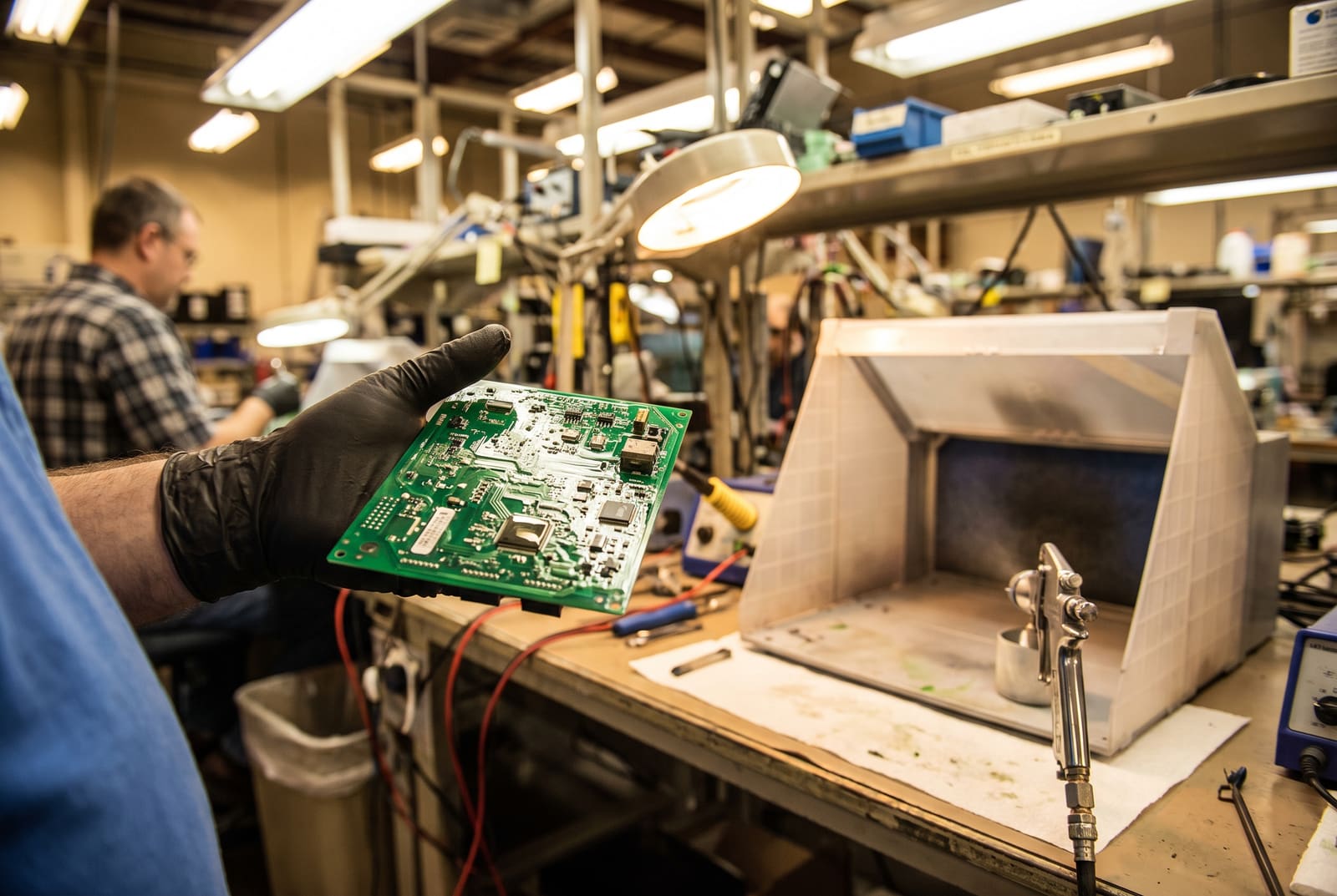 Circuit board with a freshly applied glossy conformal coating held at a coating station