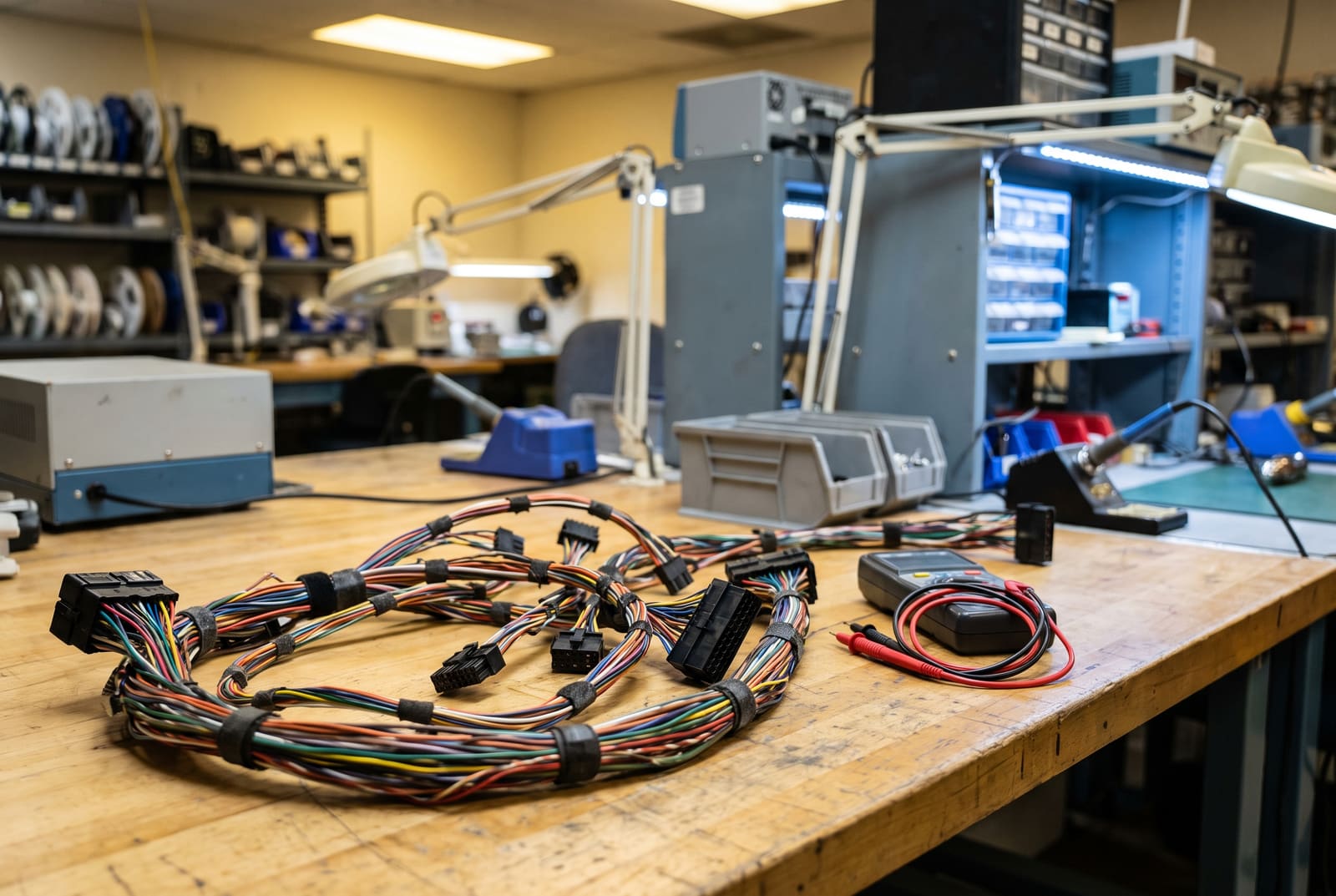 Multi-branch control wiring harness with multi-pin connectors and a continuity tester on a GC Controls workbench