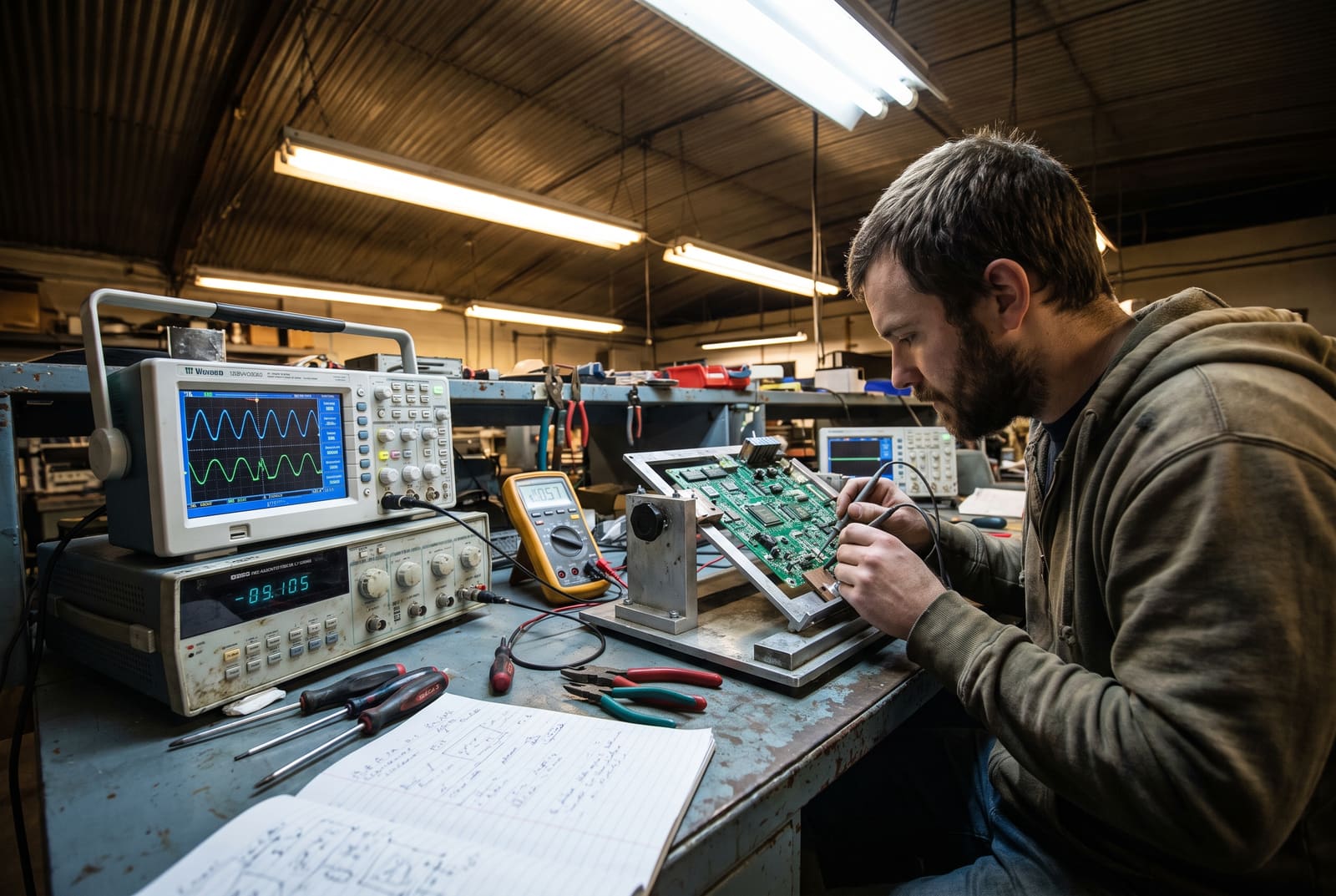 Engineering workstation with a completed electromechanical assembly under test