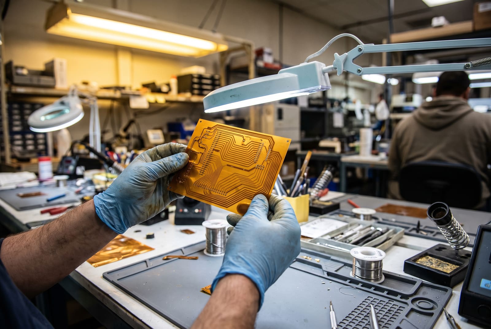 Flexible printed circuit with visible copper traces held at an assembly bench
