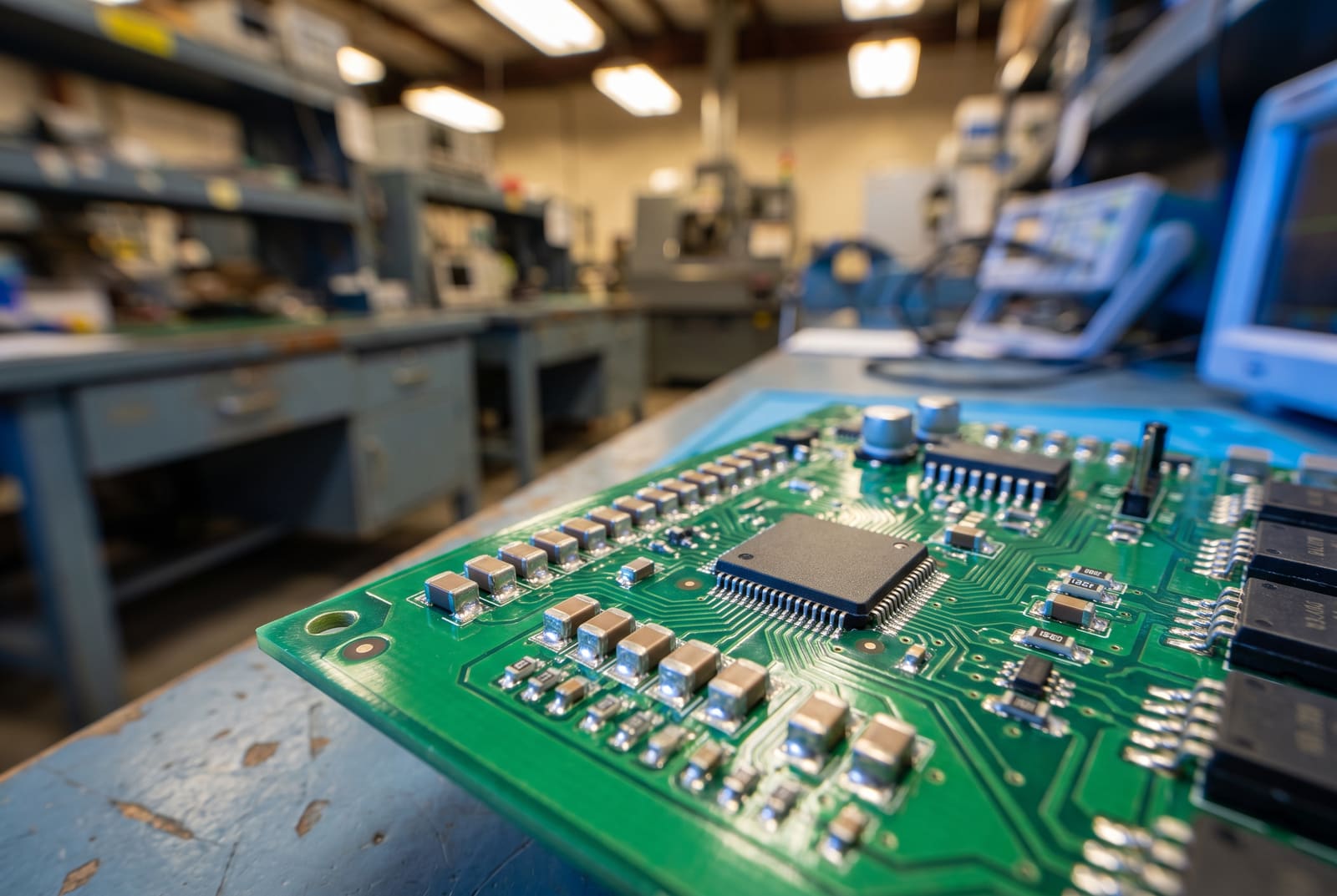 Close-up of a populated printed circuit assembly built at GC Controls