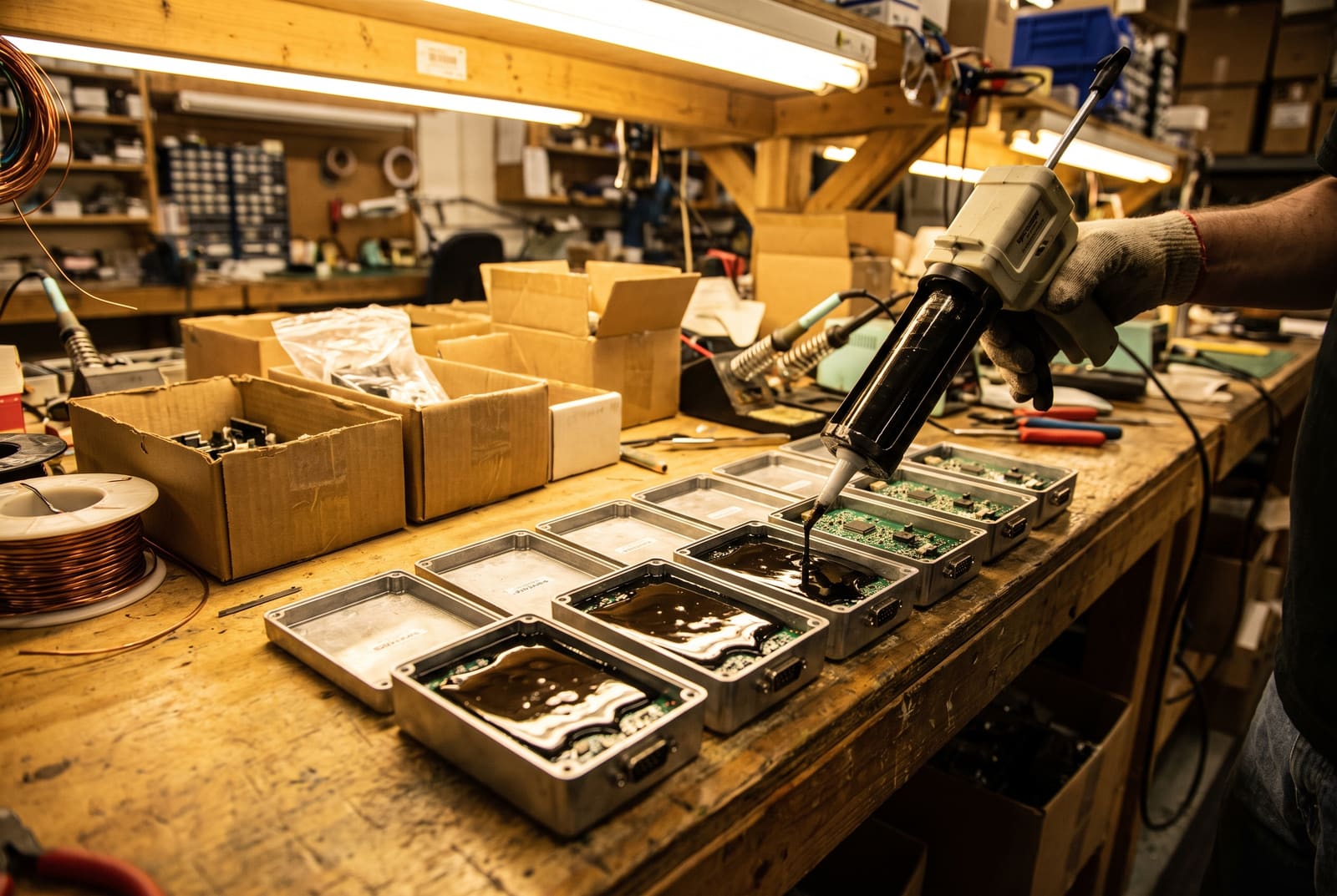 Electronic modules filled with potting compound on a workbench