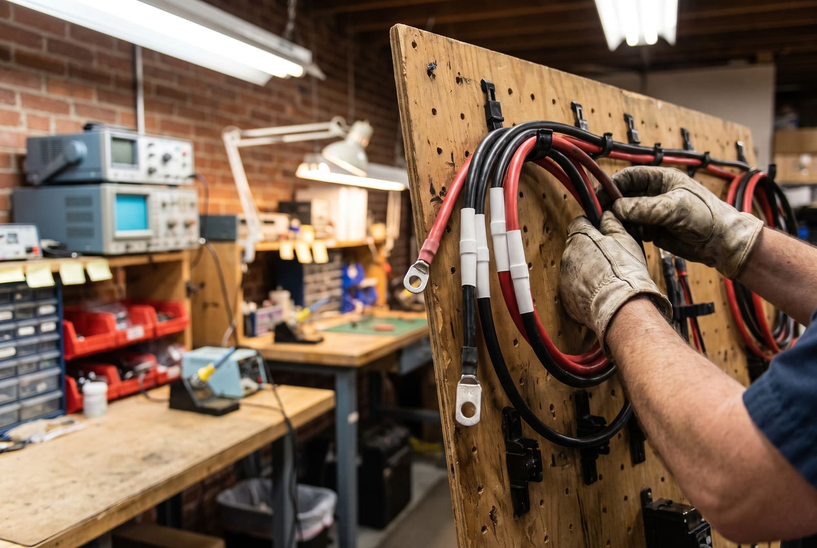 Heavy-gauge power wiring harness with lug terminations on a GC Controls build board