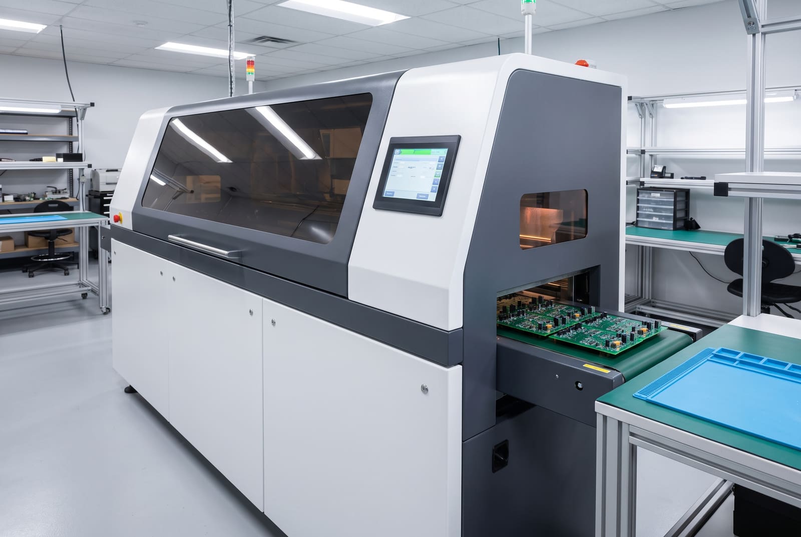 Wave solder machine producing through-hole assemblies
