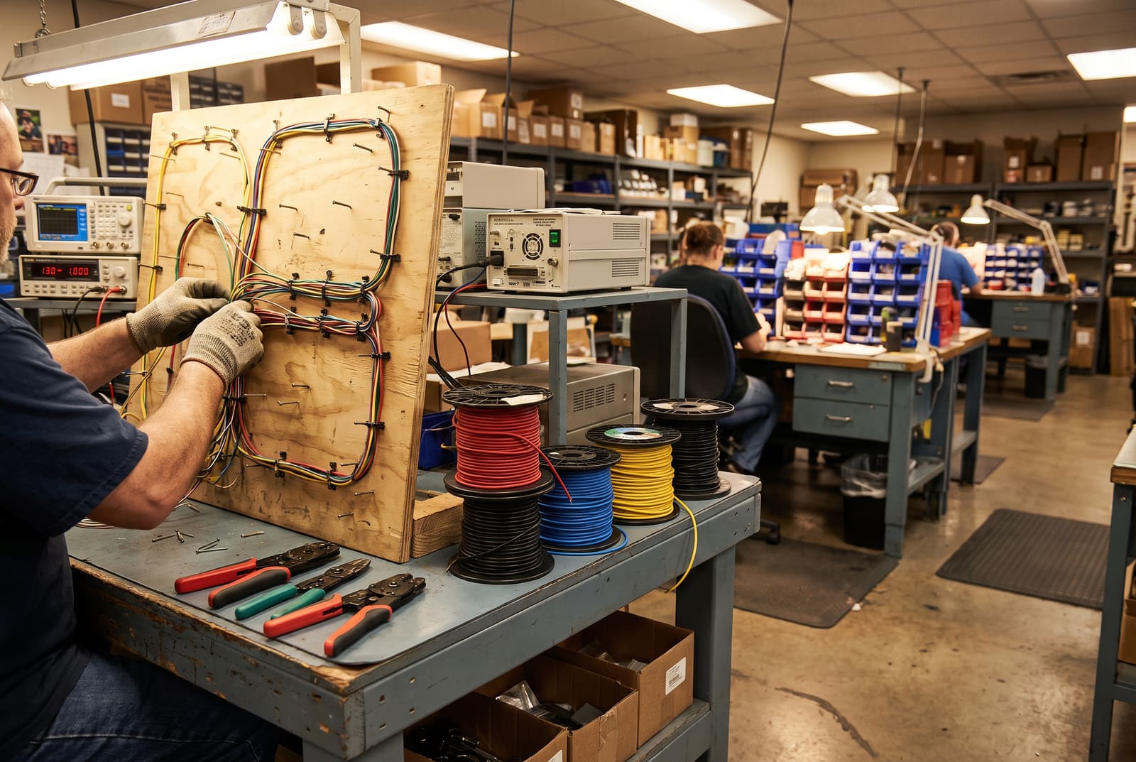 Wire harness assembly station with color-coded conductors on a build board
